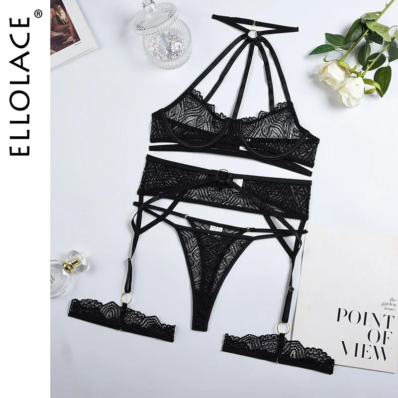 Billionm Lingerie Halter Female Underwear Erotic 3-Pieces Transparent Half Cup Bra Briefs With Garters Black Lace For Linen