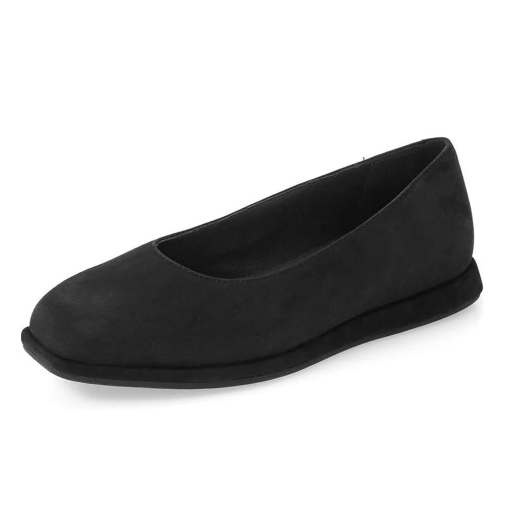 Black Vegan Suede Soft Casual Slip-On Square Toe Flat Shoes for Women
