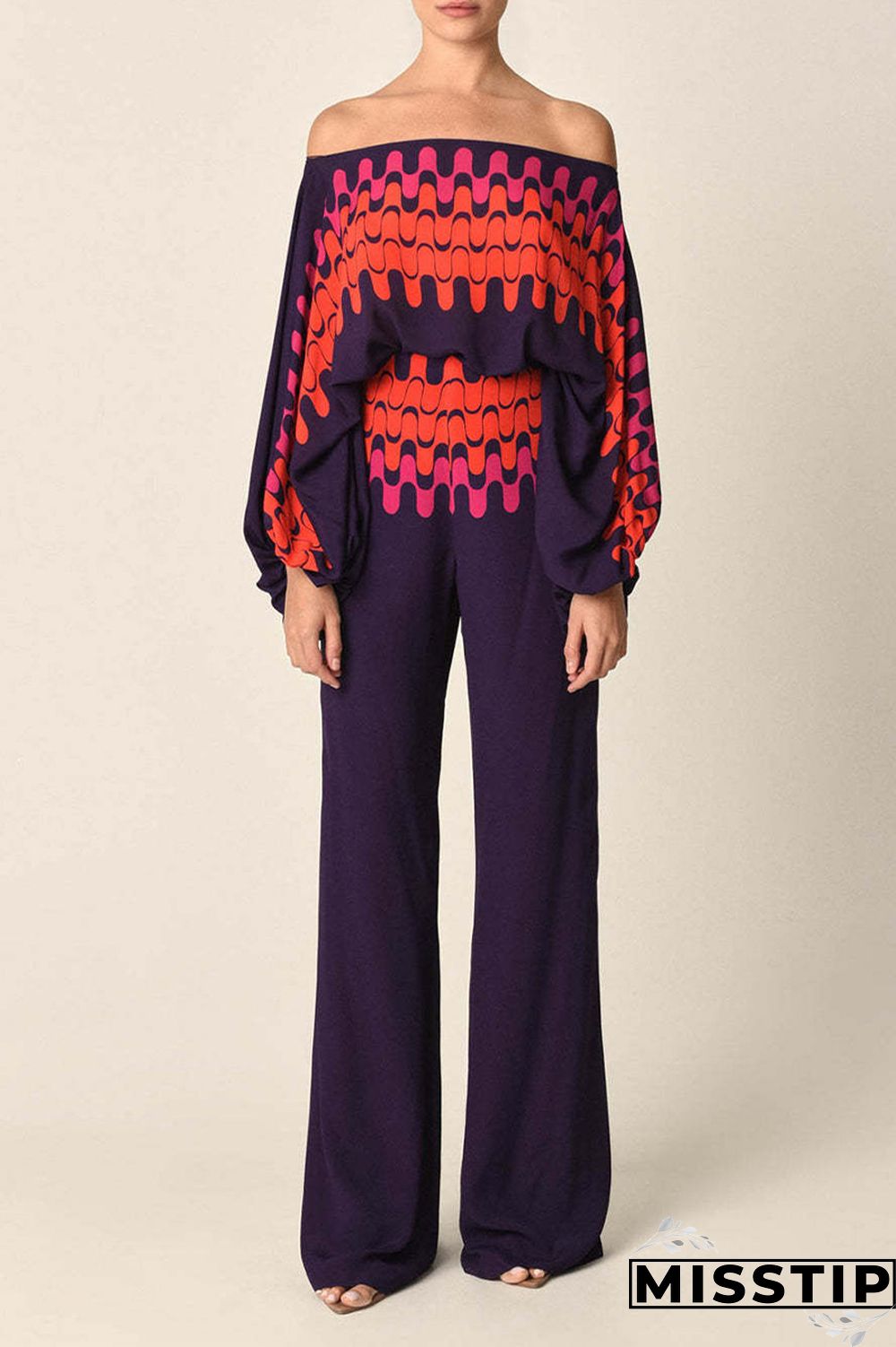 Yellow Casual Elegant Print Patchwork Off the Shoulder Long Sleeve Two Pieces