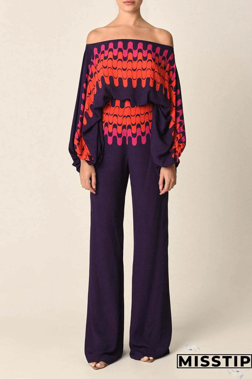 Yellow Casual Elegant Print Patchwork Off the Shoulder Long Sleeve Two Pieces