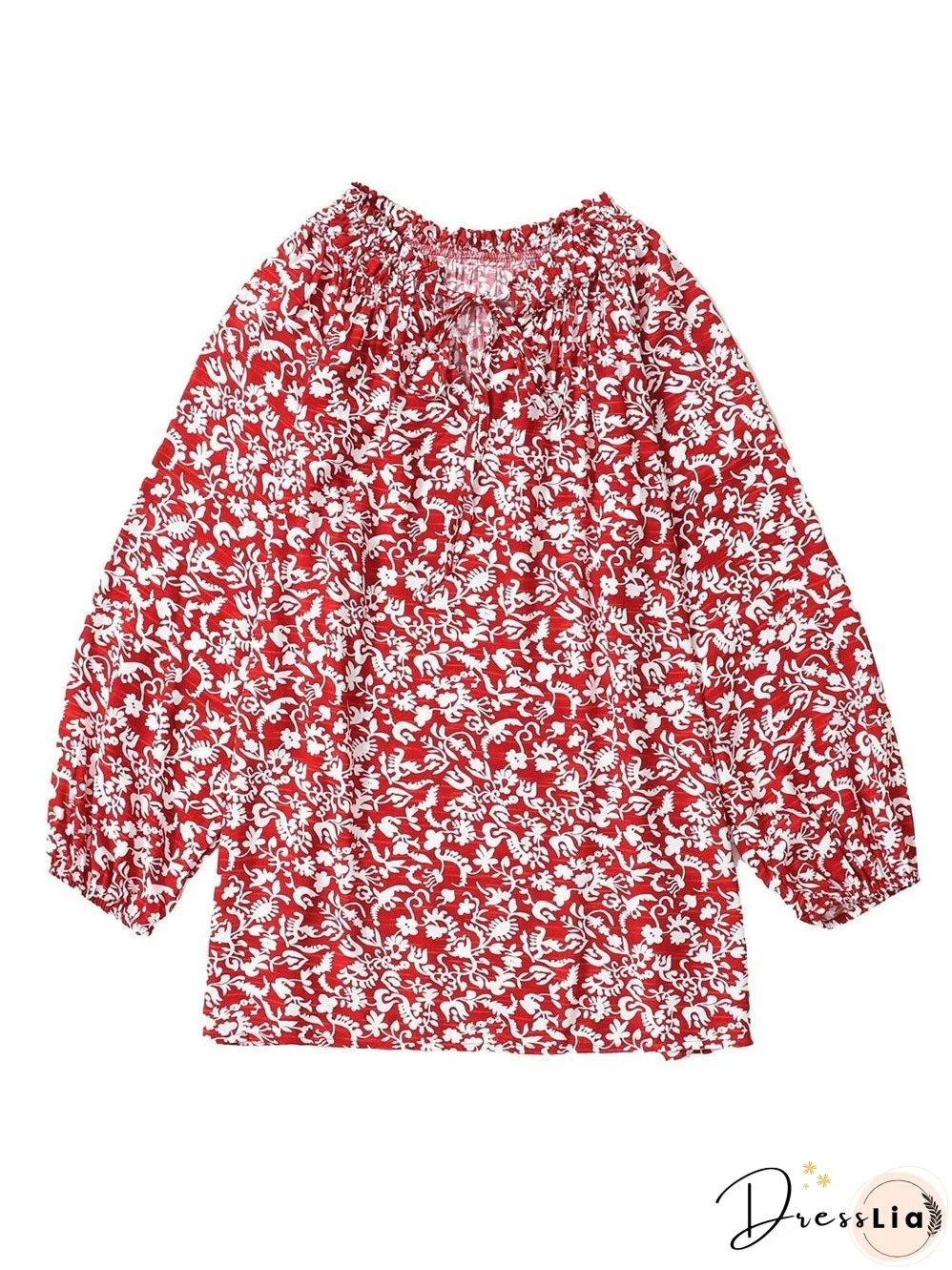 Burgundy Flower Print Neck Tie Blouse