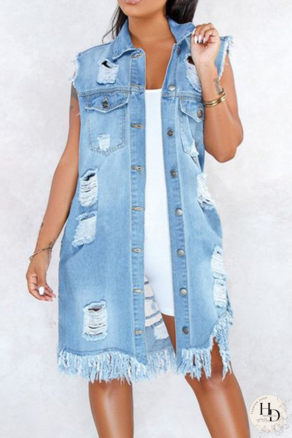 Light Color Casual Solid Ripped Turndown Collar Sleeveless Regular Denim Jacket