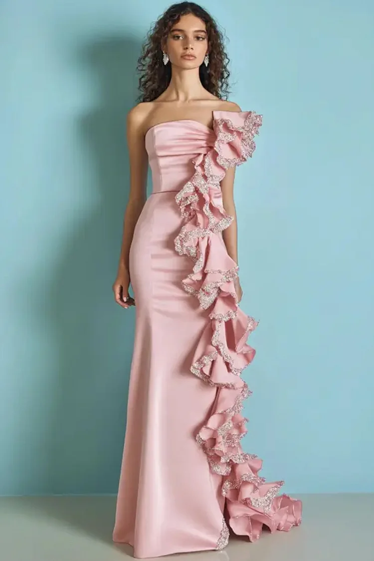 Strapless Ruffle Trim Maxi Dress-Pink [Custom-Made]