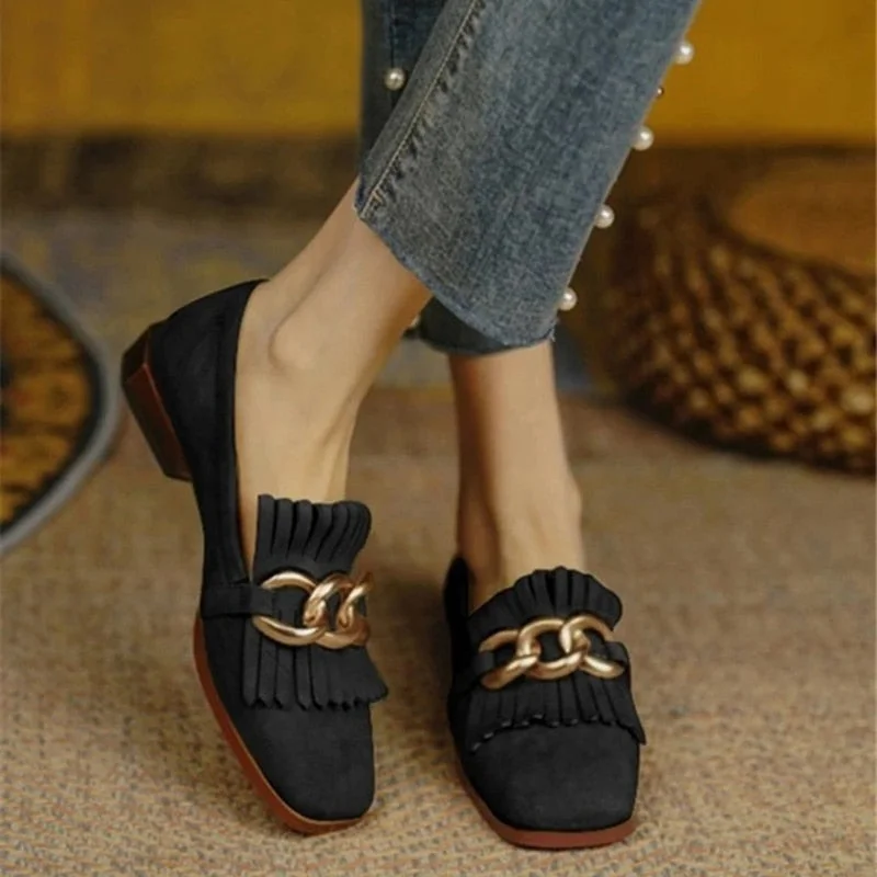 Vstacam Spring Women's Tassel Loafers Splicing Square Toe Suede Leather Flat Shoes Solid Color Metal decoration Slip On Women Shoes