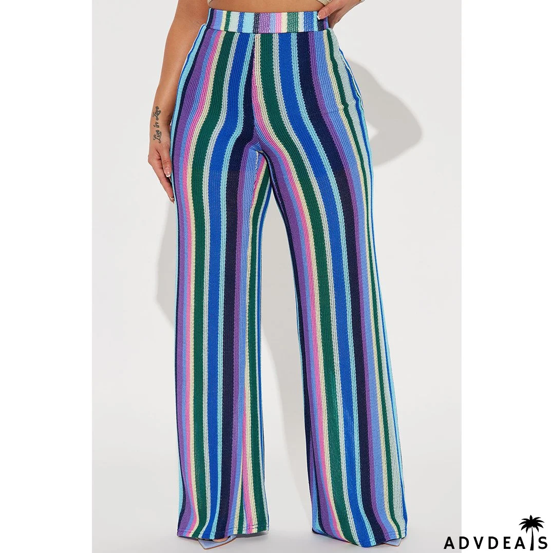 Women's clothing color strip knitting hollow jacquard zipper wide-leg pants