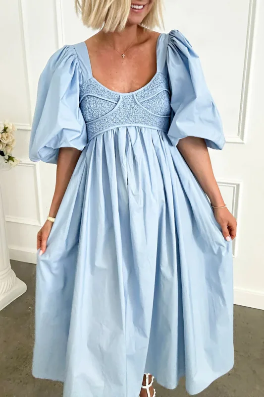 SPILL THE TEA BABY BLUE CORSET MIDI DRESS