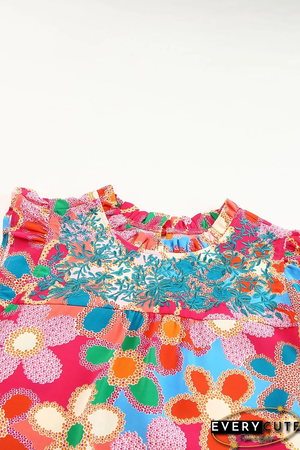 Pink Embroidered Detail Floral Print Ruffle Trim Tank Top