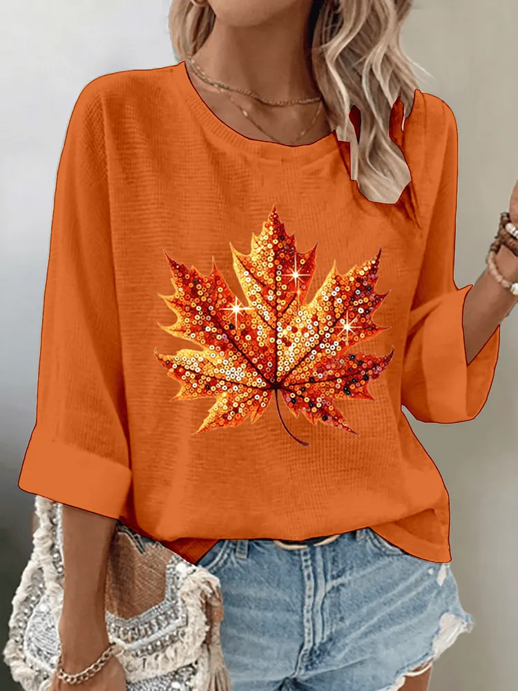 Women's Autumn Sequin Maple Leaf Print Waffle Fabric 3/4 Sleeve Top 