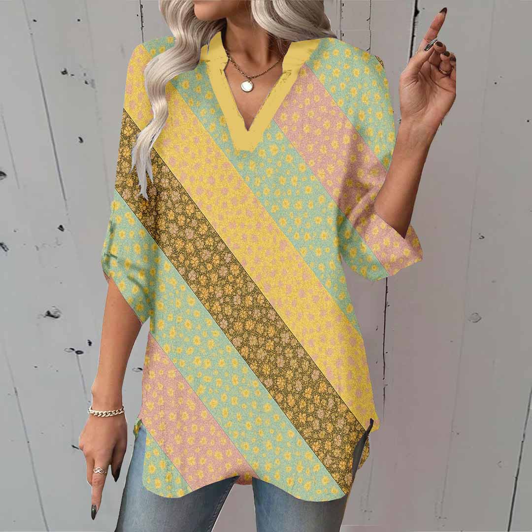 Women Floral,Pink,Green DZGA0304 3/4 Sleeve V-neck Printed Graphic Button Tops