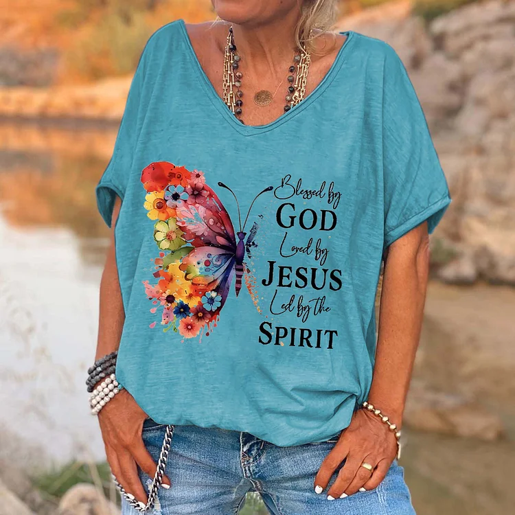 Blessed By God Loved By Jesus Led By The Spirit Printed V-Neck Women's T-shirt