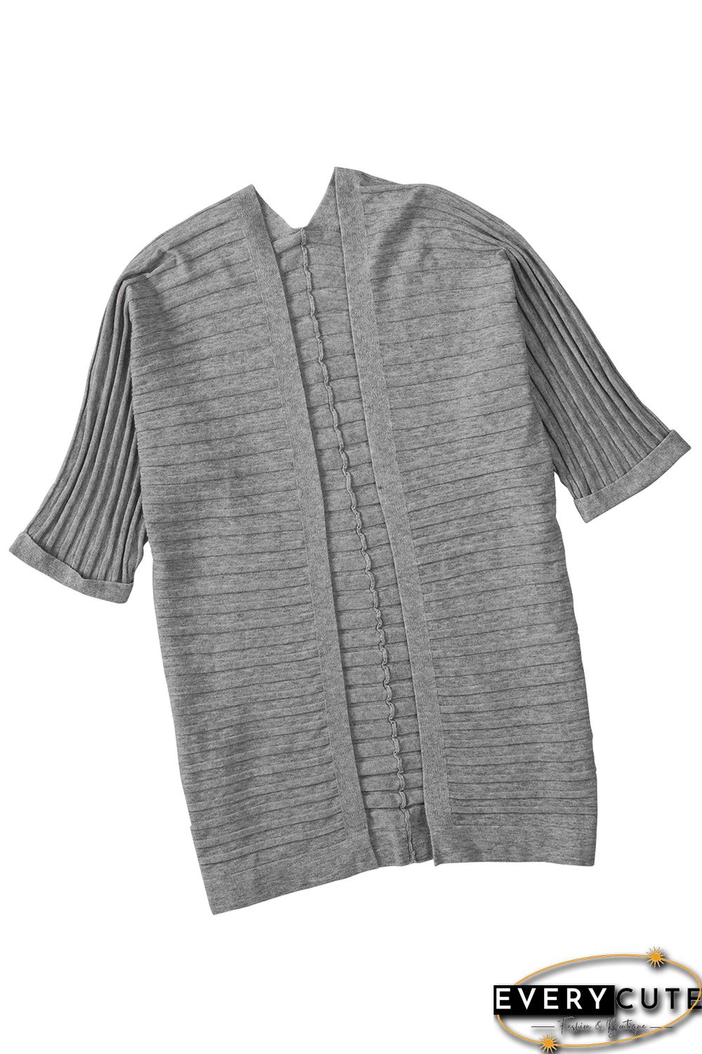 Grey Ribbed Open Front Knit Cardigan