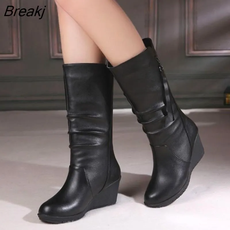 Breakj Women Boots 2023 Winter New Mid Calf Boots Fashion Zipper Wedge Platform Winter Boots Botas De Mujer Plus Size Women Shoes