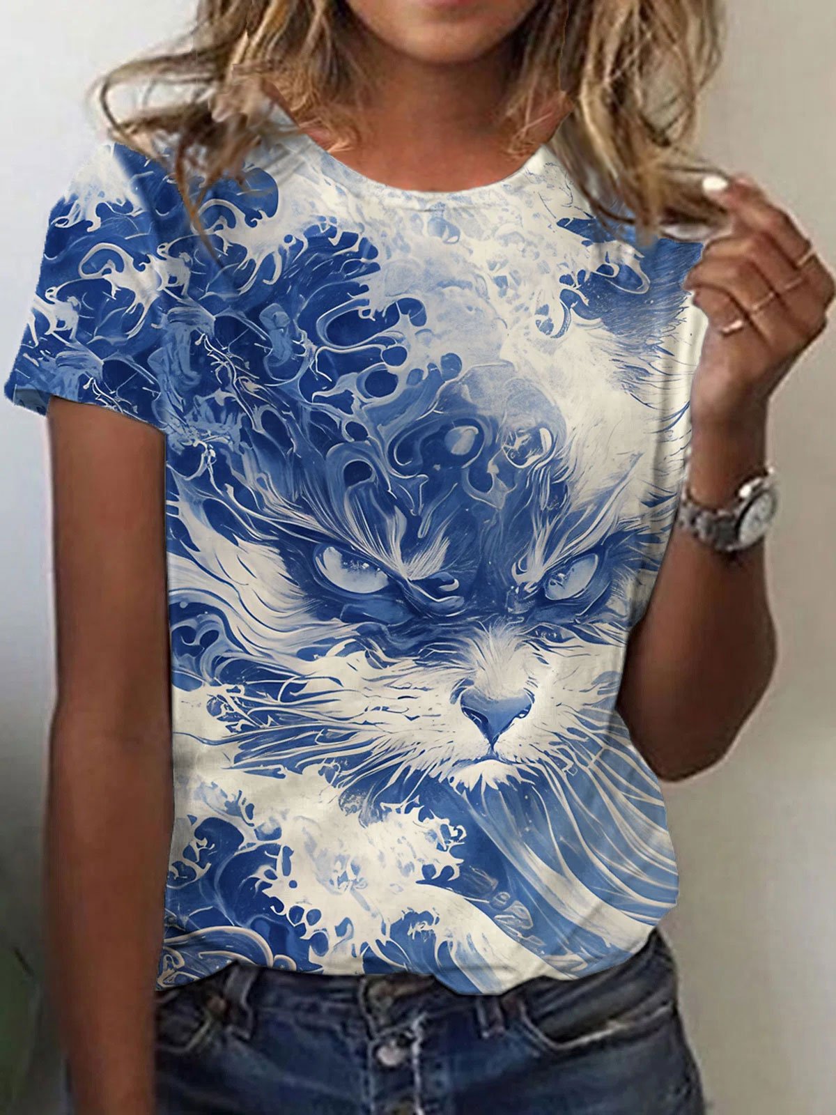 Women's Blue Waves&Cats Print T-Shirt