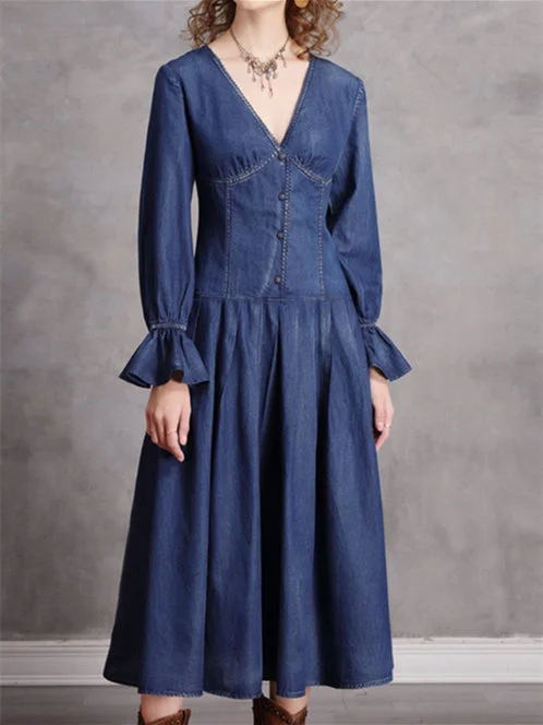 Women's Stitching Long Sleeve V-neck Midi Dress