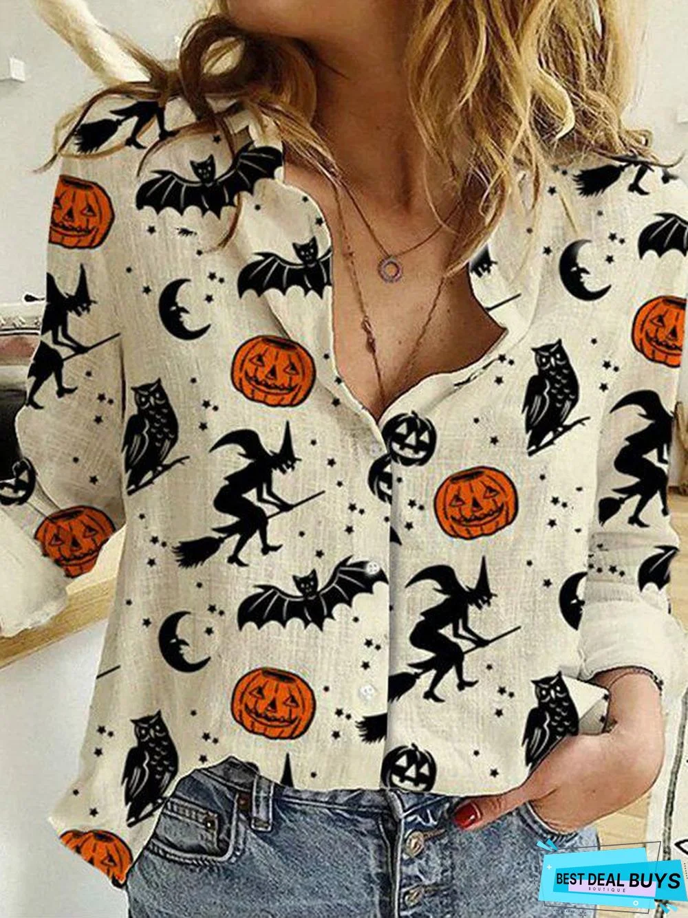 Women's Blouses Witch Bat Pumpkin Print Long Sleeve Blouses