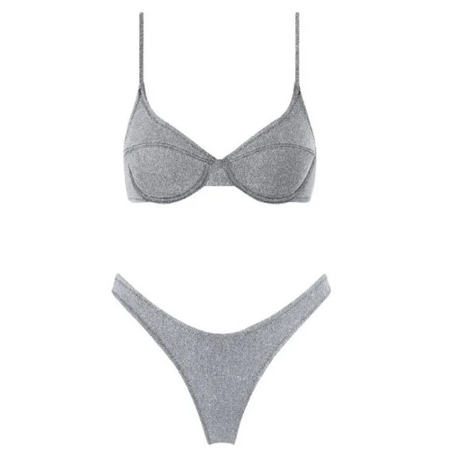Sequin Solid Color  High Waist Bikini Swimwear