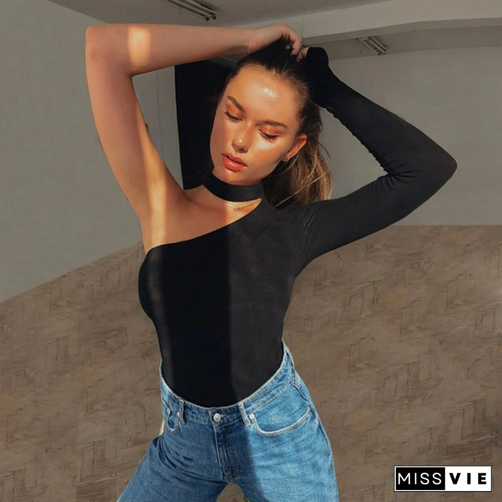 Solid Cotton Halter One Shoulder Sexy Fashion Woman Winter Spring Solid Body Jumpsuit