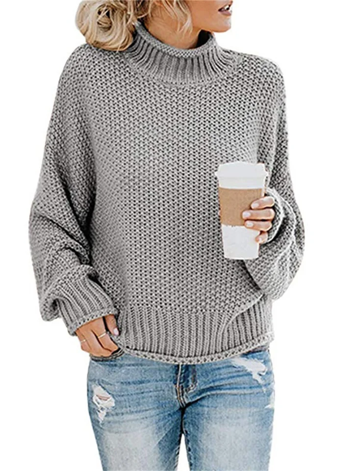 Women's Sweater Stripe Solid Color Basic Casual Long Sleeve Sweater Cardigans Turtleneck Fall Winter Navy Deep burgundy Khaki White Gray-Cosfine