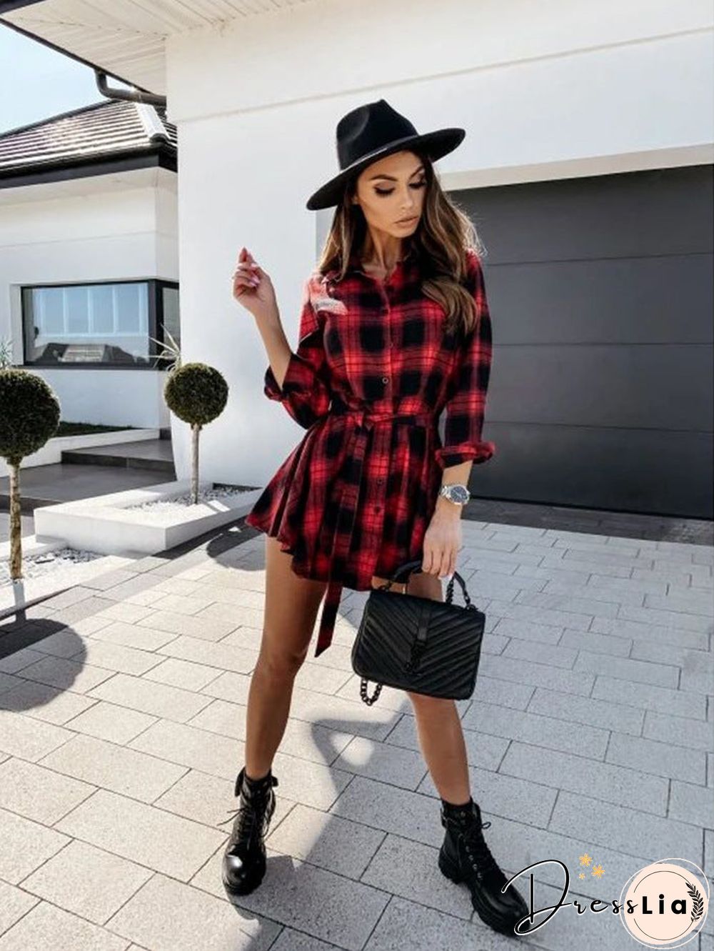 Autumn and Winter Fashion Sexy Printed Shirt Plaid Dress Skirt