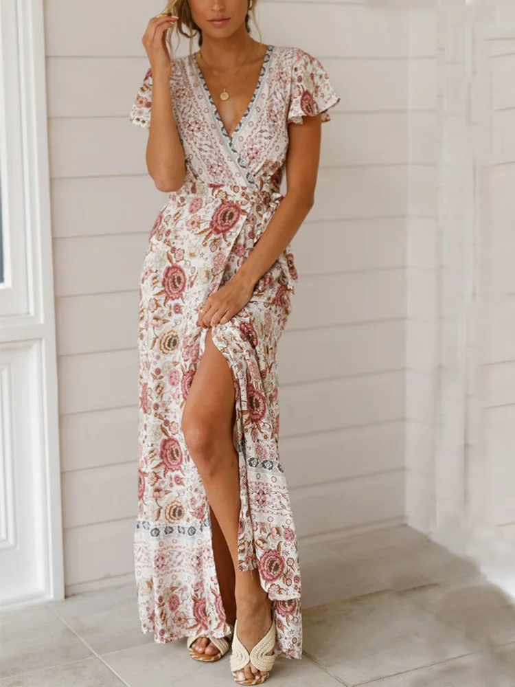 Floral Print V-Neck Wrap Maxi Dress