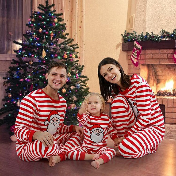Christmas Cartoon Printing Family Matching Striped Pajamas Sets