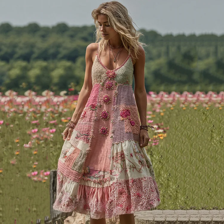 Women's Embroidered Quilted Patch Floral Maxi Dress