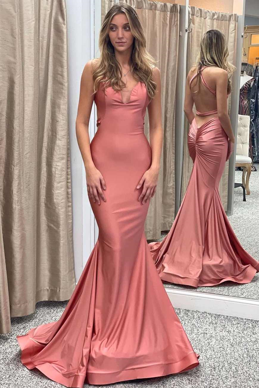 Dresseswow Halter Sleeveless Mermaid Prom Dress Dusty Pink V-Neck Online