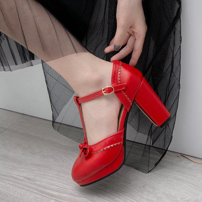 Women cute bow T strap closed toe chunky high heel sandals