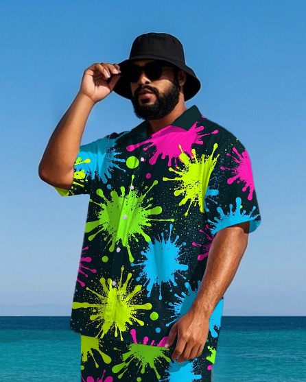 Big Men's Hawaiian Funny Colorful Ink Splack Printed Daily Casual Short Sleeve Shirt Shorts Set