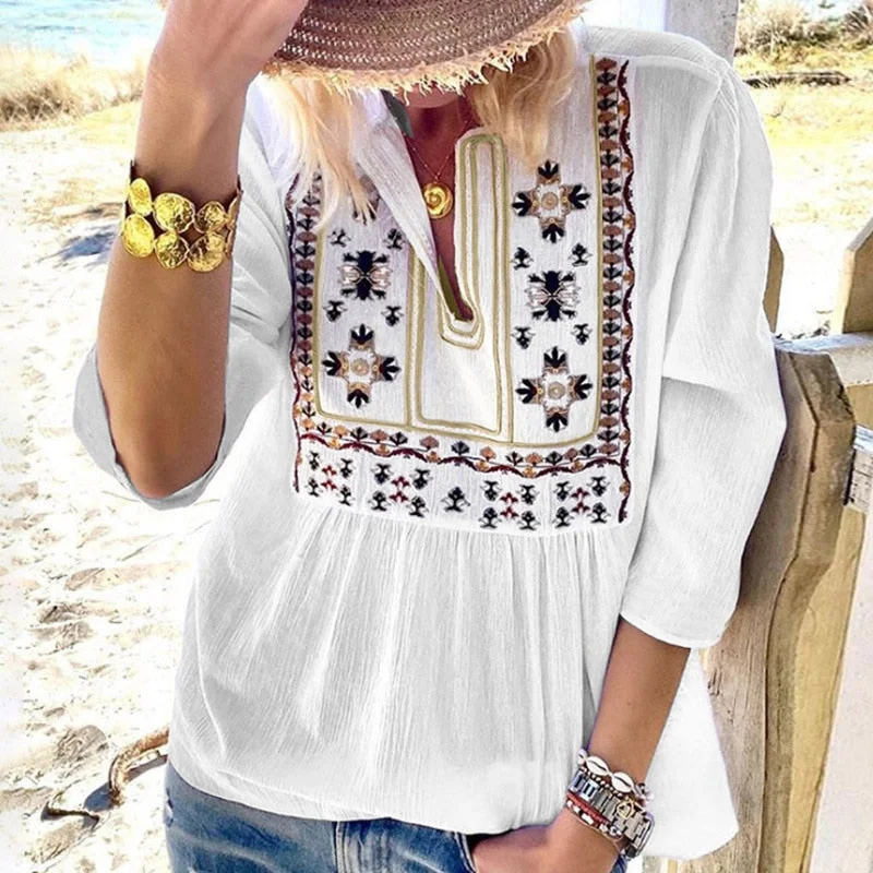 Women Vintage Floral Print Half Sleeve Blouse Shirts Spring Summer Casual O Neck Hollow Out Tops Bohemian Loose Shirt Blusas XXL