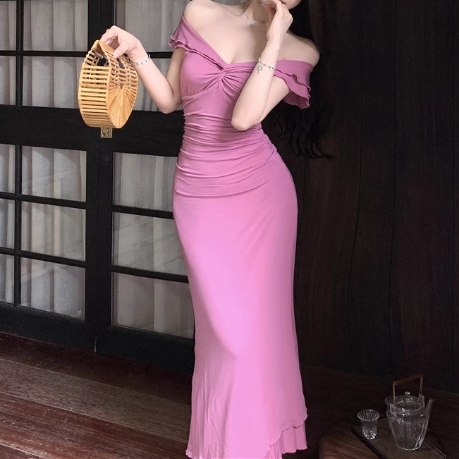 Ruffle Deep V-Neck Slim Waist Long Dress