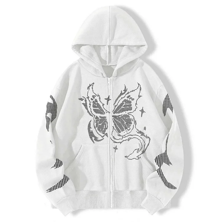 Y2K Butterfly Print Zip Up Hoodie HD Dotted Matrix Pattern Loose Sweater Jacket at Hiphopee