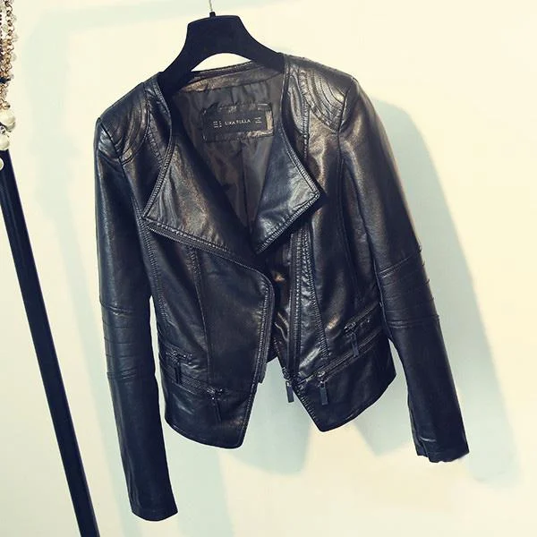 Fitaylor Spring Autumn Ladies Motorcycle Leather Jackets Women Turn-down Collar Zipper Slim Black Moto & Biker Jacket Female