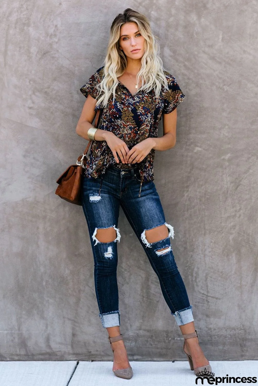 V-neck Short Sleeve Fashion Print Fantasy Fluttering Blouse