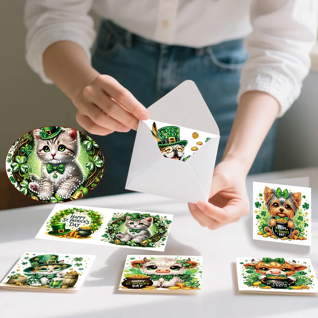 6Pcs St.Patrick Day Animals DIY Diamond Painting Greeting Card Set with Envelopes Diamond Art Handmade Cards for Beginner Adult Holiday Gifts