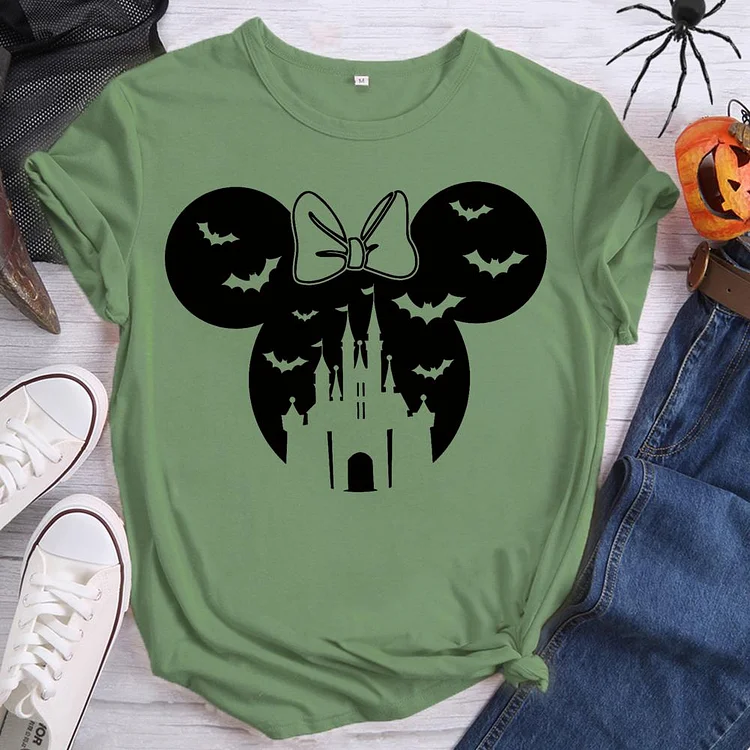 Halloween Mickey Castle Round Neck T-shirt-0019092