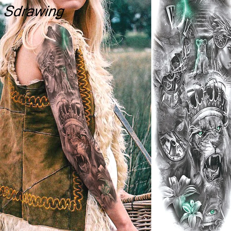 Sdrawing Totem Tattoo Arm Sleeve For Men Women Adult Realistic Fake Skeleton King Temporary Tattoo Evil Eye Demon Death Skull Tatoo