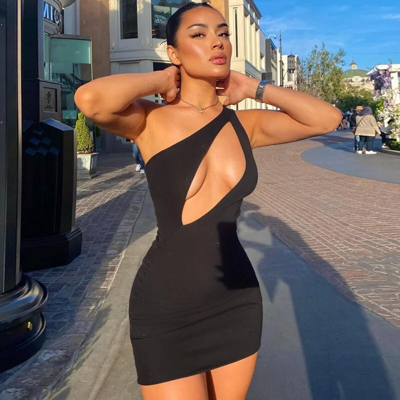 2023 Slope-Shoulder Sleeveless Solid Hollow Out Asymmetric Dress Summer Women Fashion Streetwear Club Clothing