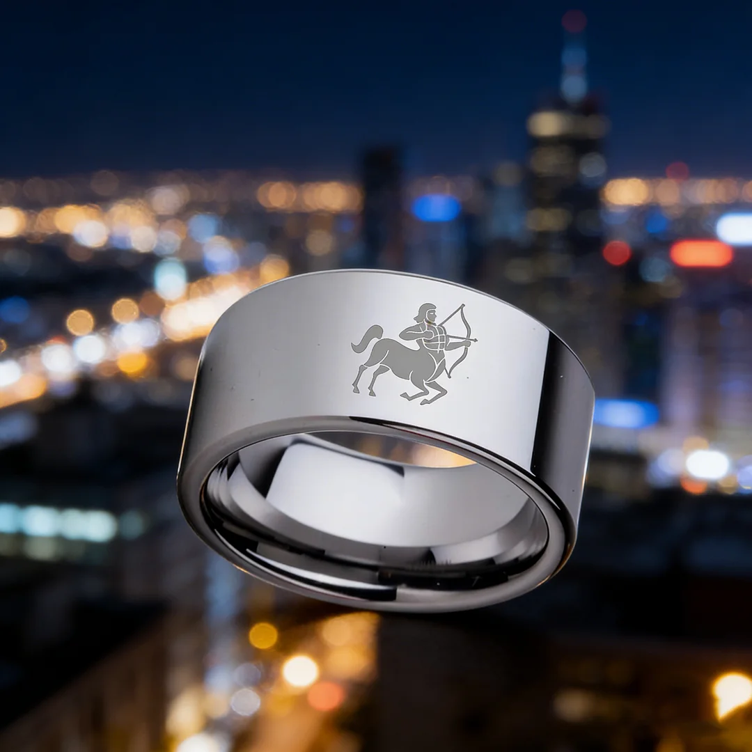 4MM 6MM 8MM 10MM Width Silver Flat Tungsten Wedding Bands Zodiac Sagittarius Laser Couple Tungsten Carbide Rings