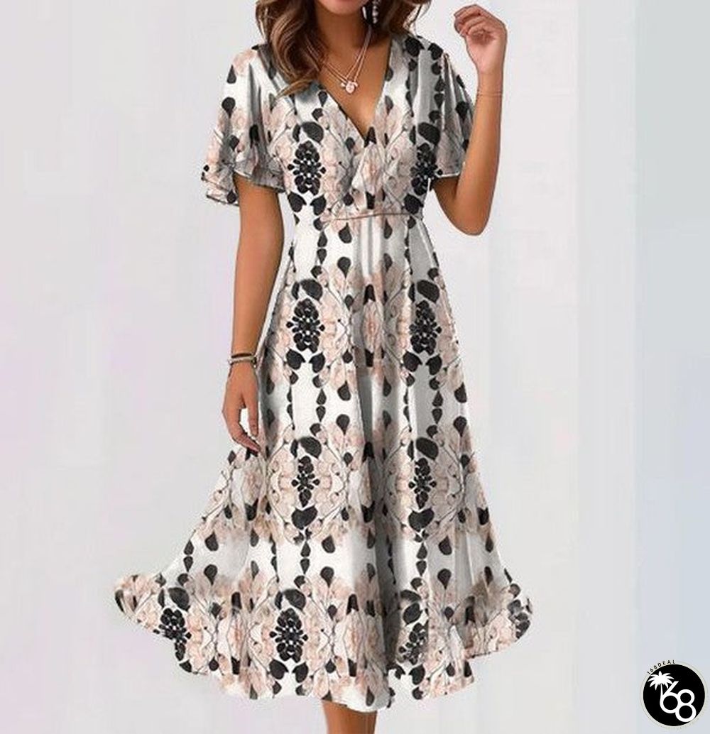 Khaki V-Neck Short Sleeve Midi Dress | 168DEAL