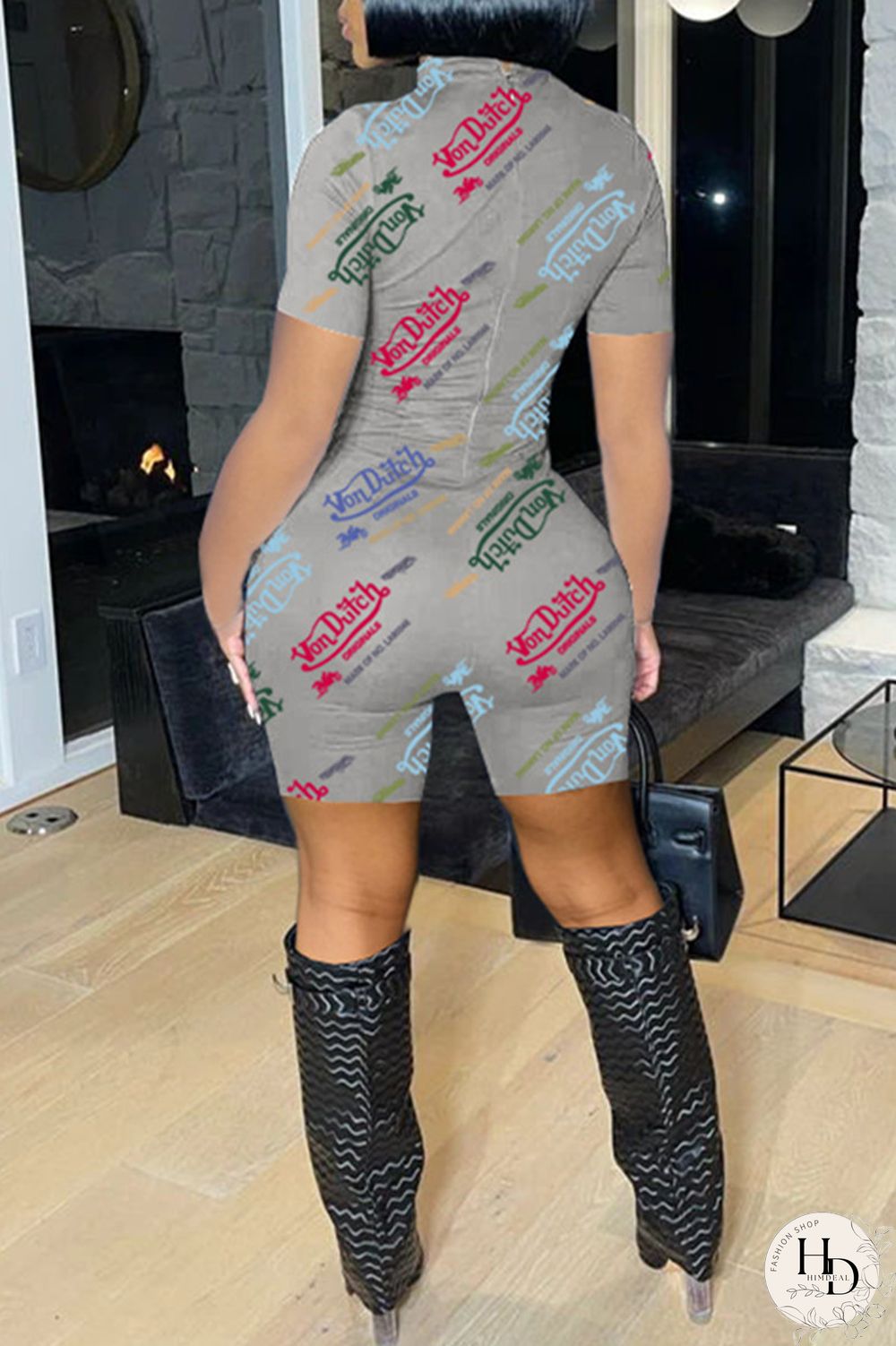 White Fashion Casual Print Hollowed Out Turtleneck Skinny Romper