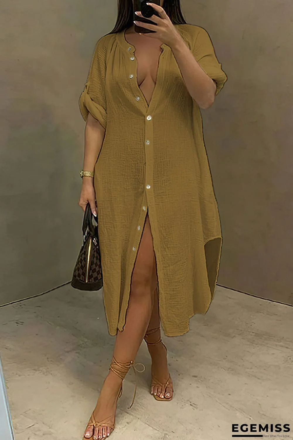 Coffee Fashion Casual Solid Patchwork Turndown Collar Long Sleeve Dresses | EGEMISS