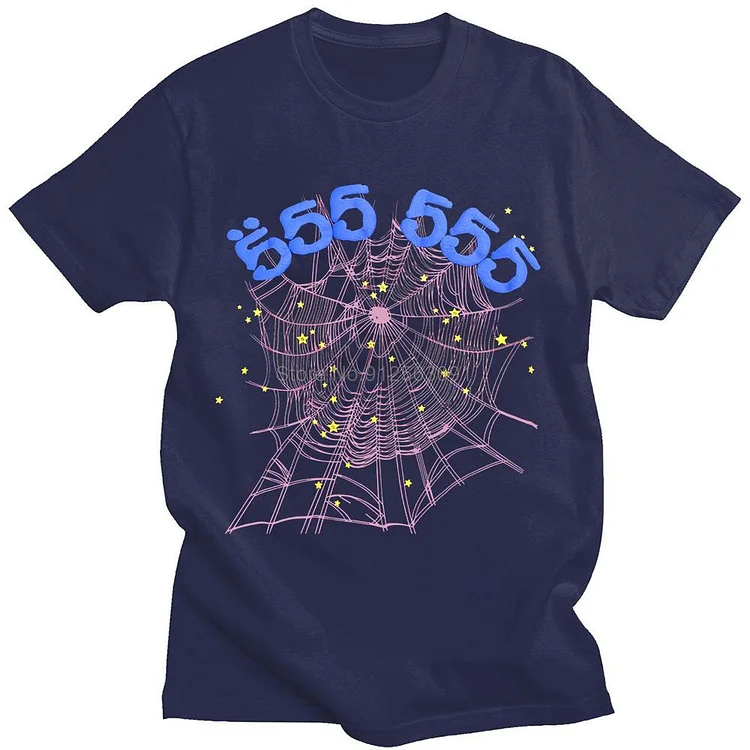 Vintage Printing Streetwear 555555 Spider Web Pattern T-Shirt at Hiphopee