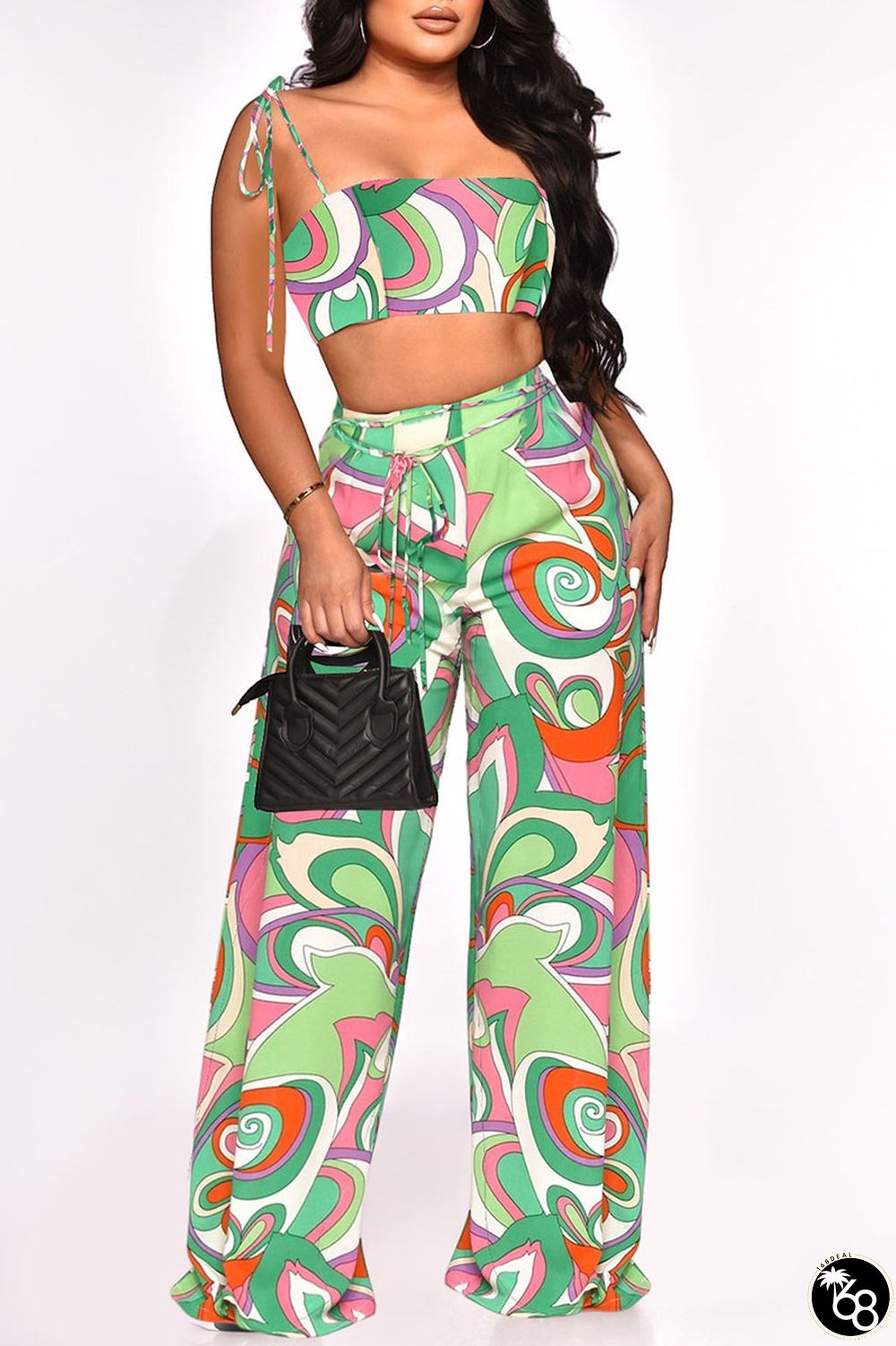 Green Sexy Print Bandage Patchwork Spaghetti Strap Sleeveless Two Pieces | 168DEAL