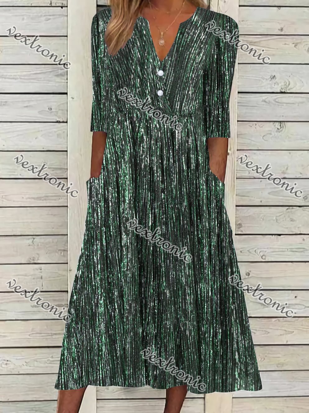 Women's Short Sleeve V-neck Green Graphic Printed Midi Dress