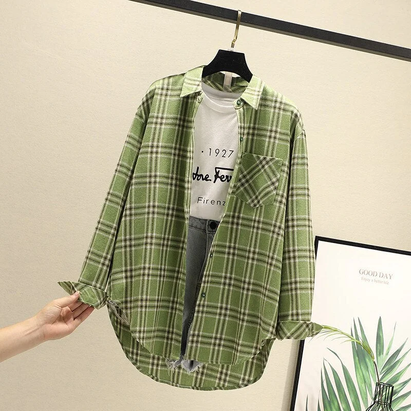 Women Blouses Shirts Tunic Womens Tops 2020 Long Sleeve Clothing Button Up Down Plaid New Fashion Autumn Turn-down Collar Good