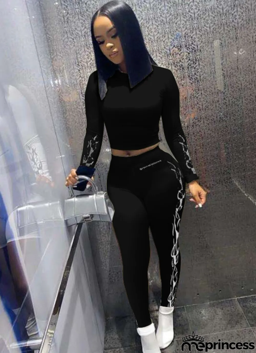 Spring Sexy Black Print Round Collar Long Sleeve Crop Top And Pant Wholesale Womens 2 Piece Sets