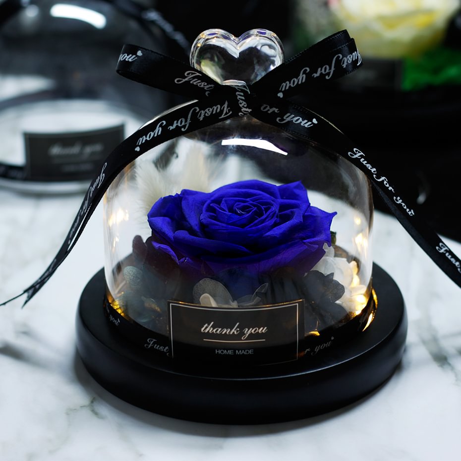 Beatea Preserved Rose with LED Light In Heart Glass Dome with Gift Package