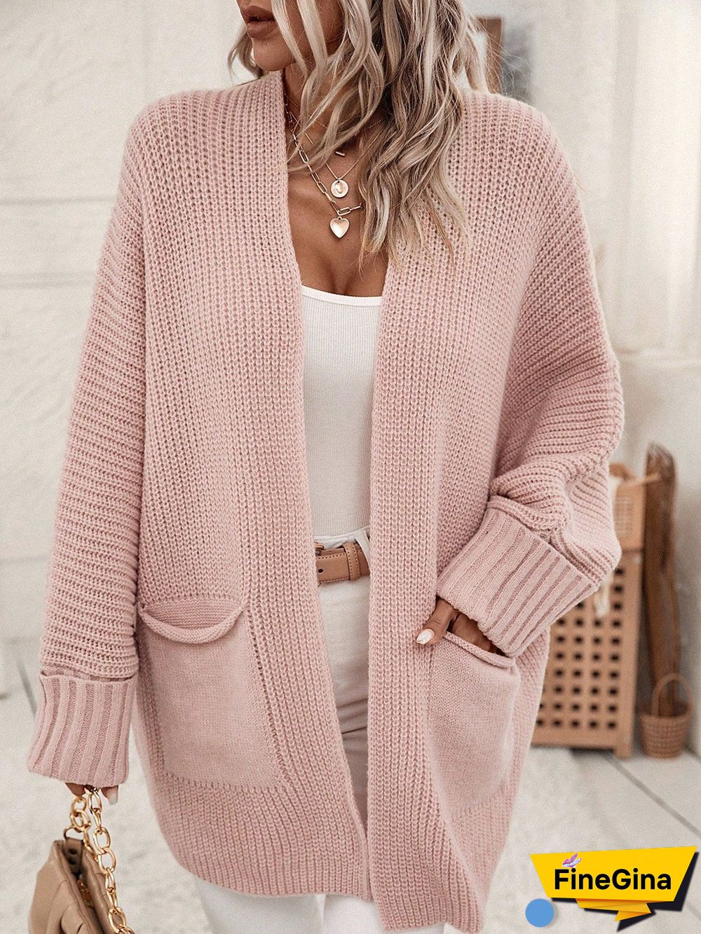 Pink Plain Side Pocket Cardigan
