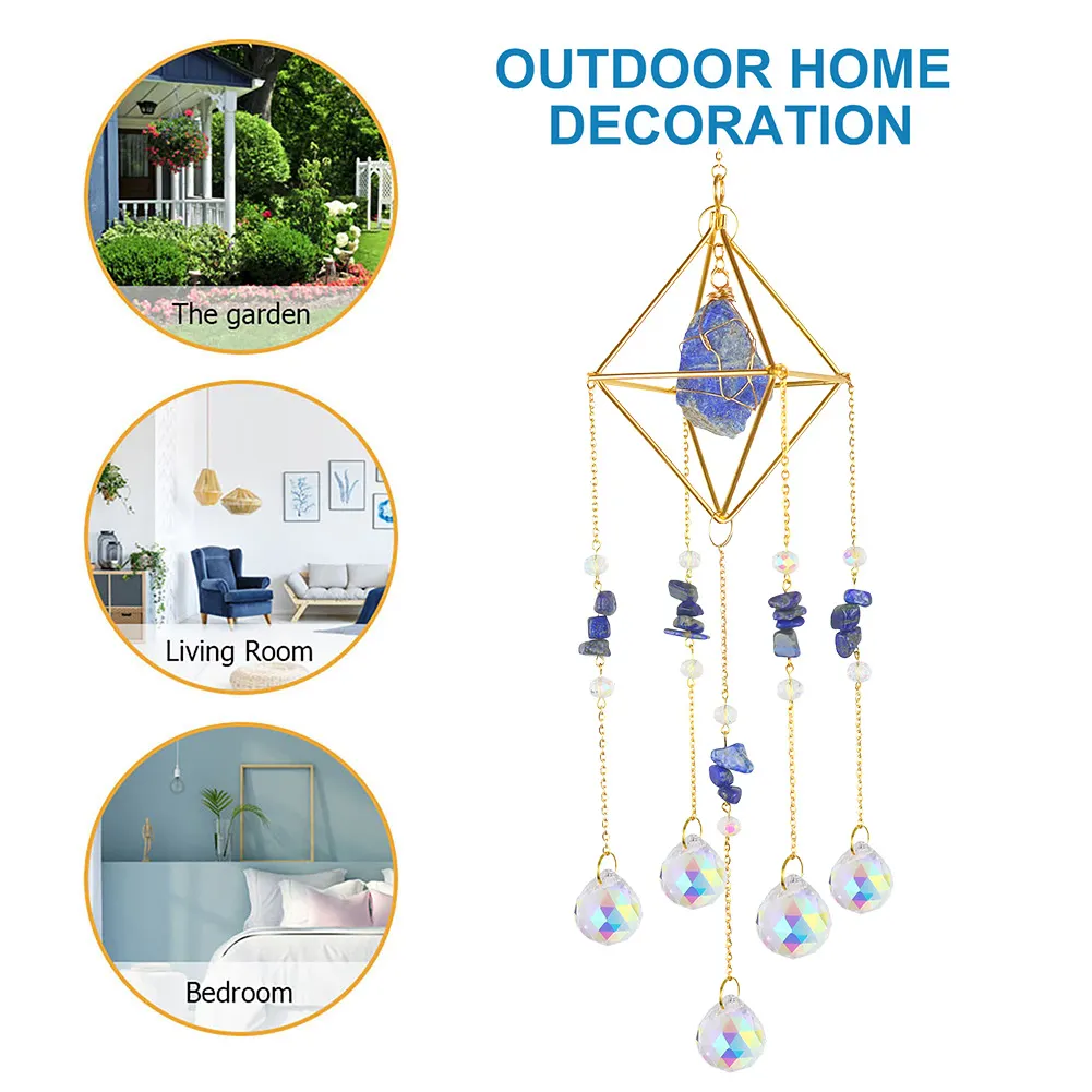 Crystal Wind Chimes Natural Stone Prism Light Catcher Decor (Dark Blue)